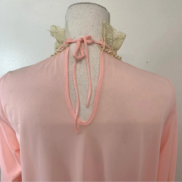Vintage Nylon Long Nightgown Small  Pink  Lace High Neck Ruffle Sleeve Modest - Picture 8 of 12